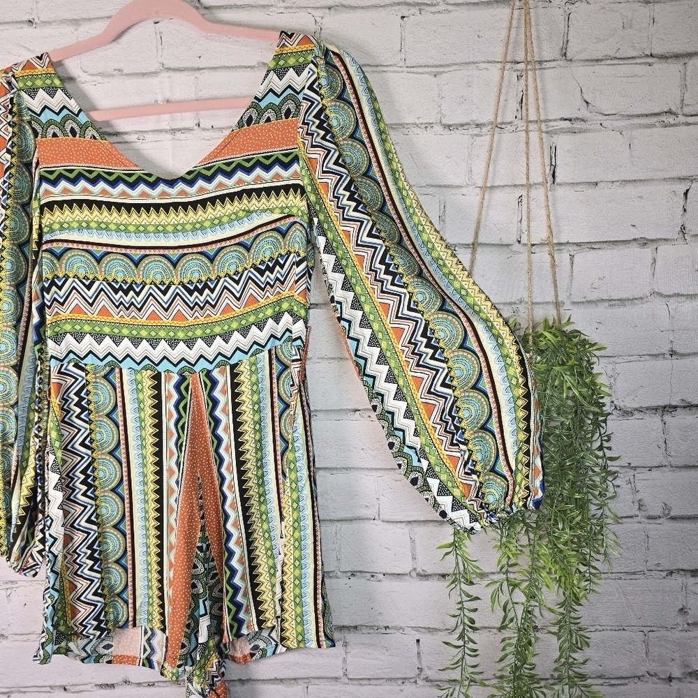 HOT AND DELICIOUS MULTCOLORED V-NECK ROMPER LONG BELL SLEEVE HIPPIE BOHO SMALL - Picture 2 of 7